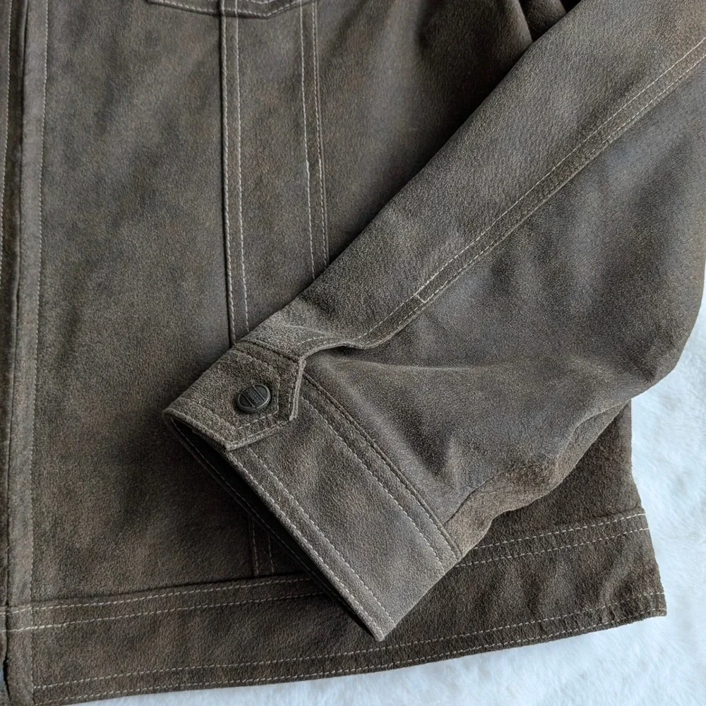 Guess Men's XL Brown Genuine Leather Distressed Full Zip Quilted Lined Jacket XL